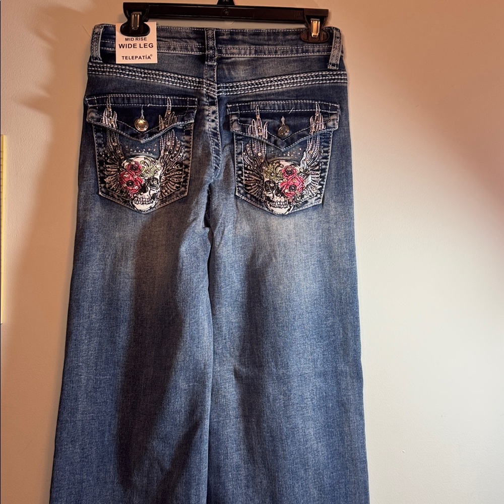 NWT Telepatia High Rise Wide Leg Embroidery Denim Jeans 9/27